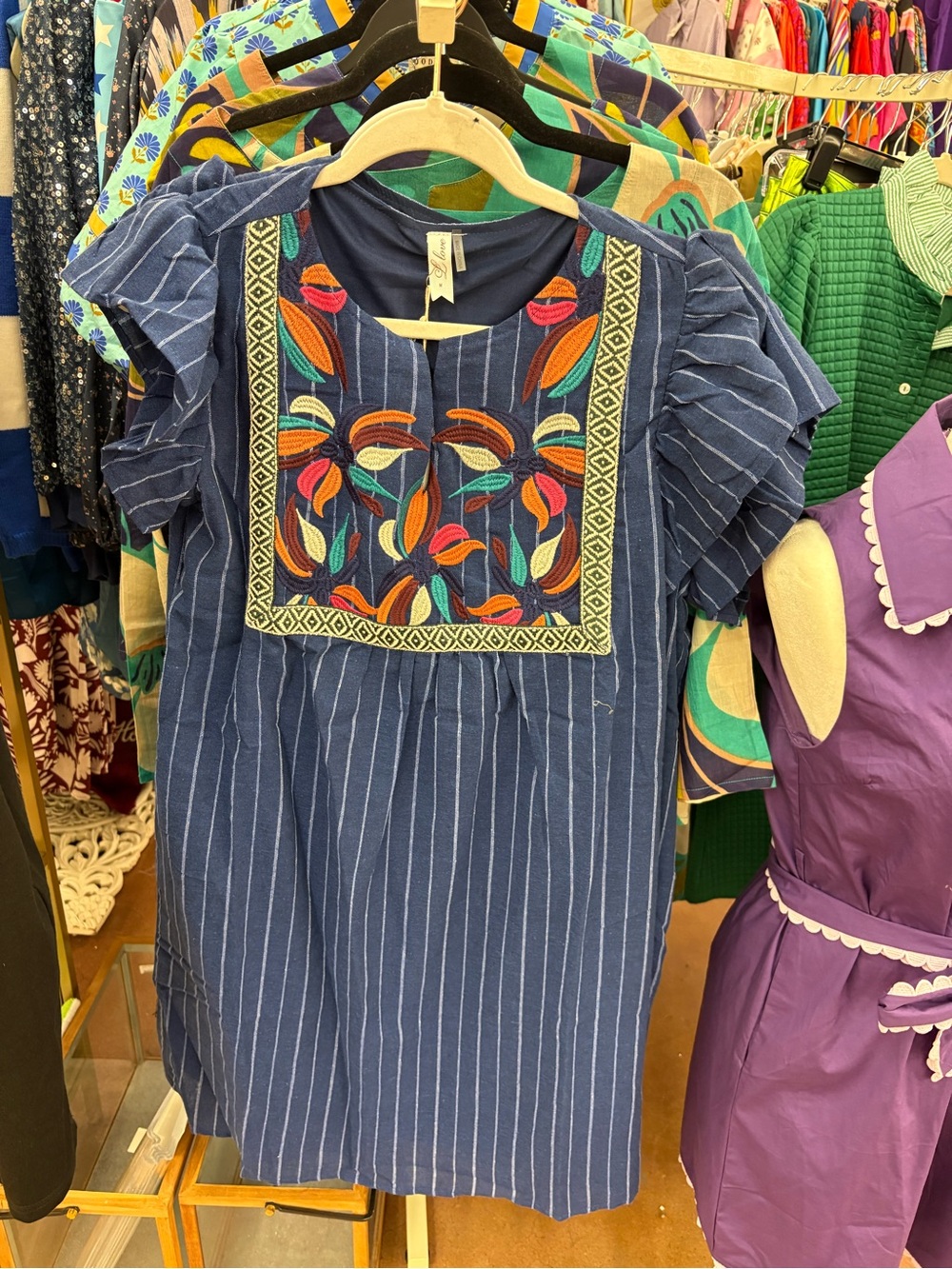 NWT,  Navy Blue Embroidered Stripe Mini Dress, M and L